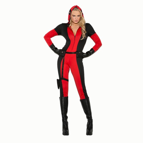 Vigilante Jumpsuit Costume Set Red Black 3pc Ninja Hero Cosplay Hooded - Picture 2 of 7